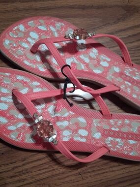 attention Coral Pink Jeweled T-Strap Sandals